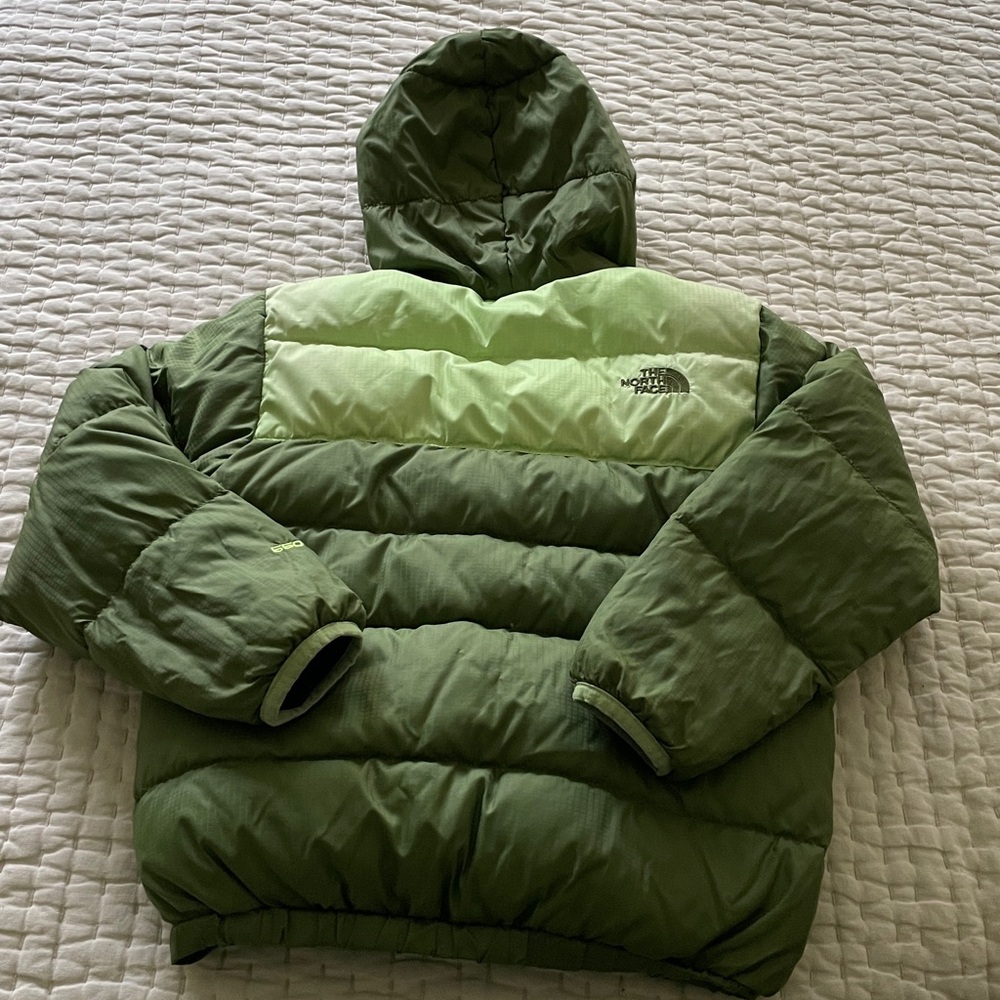 The North Face 550 Down Puffer Reversible Hooded Boy's 7/8 Jacket Black Green - Picture 7 of 10